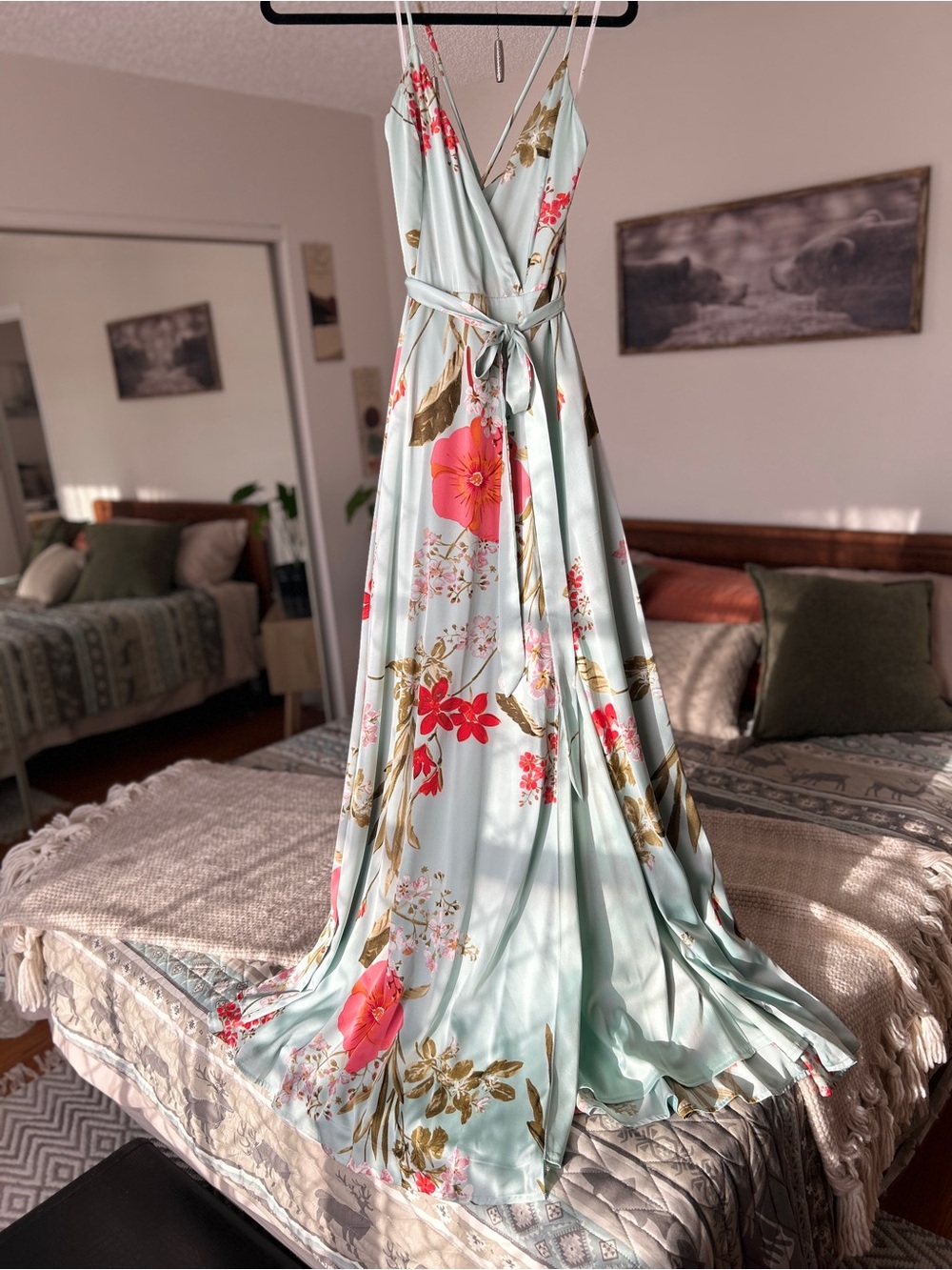 Lulu's Mint Floral Wrap Maxi Dress with Coral & Gold Motif